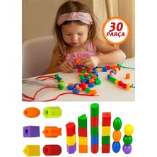 Feyza Design 30 Parça Renkli Geometrik Boncuk Dizme Seti Eğitici Oyuncak