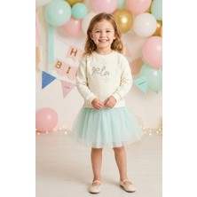 Kız Çocuk Tütü Etekli Payet Işlemeli Kurdele Baskılı %100 Pamuk Yeşil Astarlı Elbise