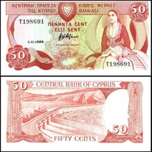Cyprus 1989 Yılı 50 Sent Kağıt Para Çil ( Unc ) Koleksiyon Para Nadir