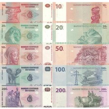 Kongo 10-20-50-100-200 Francs Eski Kağıt Para Seti Çil ( Unc ) 5'li Set Koleksiyon Para
