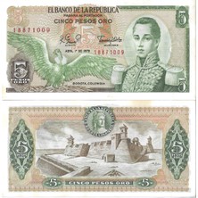 Kolombiya 1979 Yılı 5 Pesos Kağıt Para Çil (Unc) Koleksiyon Para Az Çıkar