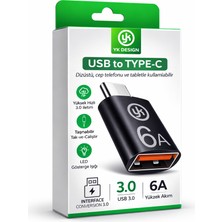 Yk Design USB 3.0 Type-C Dönüştürücü Adaptör 6A Hızlı Şarj ve Veri Transferi Destekli Tak-Çalıştır LED Göstergeli