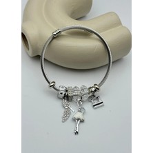 Biju Yılmaz Çelik Silver Taşlı Topuklu Ayakkabı Beyaz Kadın Figürlü Charmlı Pandora Bileklik - 26BLK59