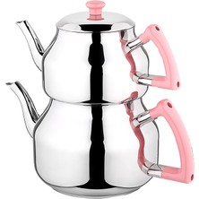 Özkent Pembe Orta Çaydanlık 1,2 LT Üst Demlik 2,2 LT Alt Demlik 18/10 CR-Nİ Paslanmaz Çelik