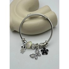 Biju Yılmaz Çelik Silver Taşlı Baykuş Kelebek Siyah Çiçek Charmlı Pandora Bileklik - 26BLK50