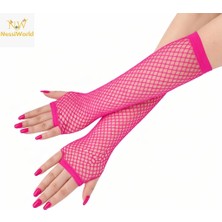 Aesco Mey Ithalat® 80’ler 90’lar Retro Neon Fuşya Şeker Pembesi File Parmaksız Eldiven 26 cm