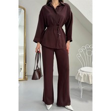 Dip Moda Kadın Kahverengi Gömlek Yaka Bağlama Detaylı Ikili Takım DPG125