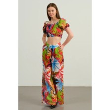 Tropikal Desenli Crop Bluz & Palazzo Pantolon Takım
