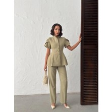 Gold Düğme Detaylı Peplum Kesim Şık Kadın Takım