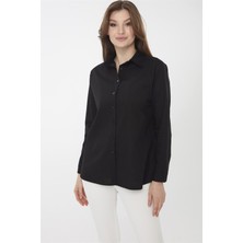 Desen Triko Kadın Koton Uzun Gömlek Siyah