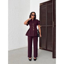 Gold Düğme Detaylı Peplum Kesim Şık Kadın Takım