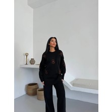 Siyah Ayıcık Desenli Oversize Triko Takım