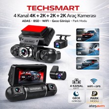 Techsmart 4 Kanal Araç Kamerası 4K + 2k Yan Kameralı | Wifi Gps Adas Bsd Gece Görüş Dashcam
