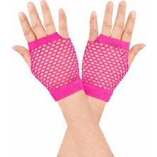 Pandoli Fosforlu Kısa File Eldiven Fuşya Pembe Renk Retro 1 Çift 11 cm Gösteri Yetişkin Çocuk Uyumlu