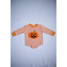 Softleaf Turuncu Çizgili Balkabağı Desenli Uzun Kollu Bebek Body – Pamuklu Çıtçıtlı Zıbın