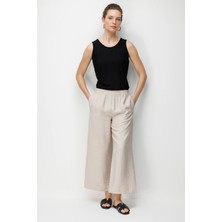 Desen Triko Kadın Beli Lastikli Cepli Pantolon Bej