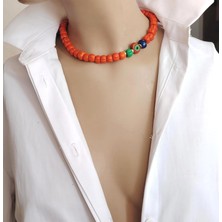 Sinem Şanlı Atelier Turuncu Cam Kabak Boncuk Nazar Detaylı Choker Kolye