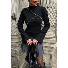 Novalook Ispanyol Kol Inci Detaylı Siyah Bluz