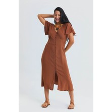 Los Banditos Yarasa Kollu Düğmeli V Yaka Bohem Elbise