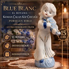 Blue Blanc El Boyama Keman Çalan Kız Çocuğu Porselen Biblo – Antika Dekoratif Figür