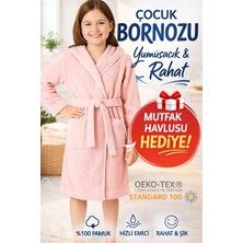 Layvera Çocuk Bornozu Pembe | %100 Pamuklu-Pembe-Yumuşak Doku-Kapüşonlu-Cepli-Biyeli