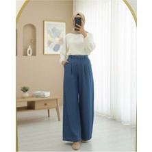 Moda Morfo Yarım Lastikli Çift Cepli Bol Paça Kot Pantolon -Koyu Mavi