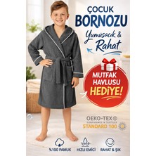 Layvera Çocuk Bornoz 5-6 Yaş | %100 Pamuklu-Antrasit-Yumuşak Doku-Kapüşonlu-Cepli-Biyeli