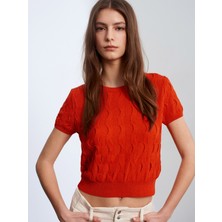 Dilvin 10788 Bisiklet Yaka Dokulu Triko Bluz-Oranj