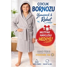 Layvera Çocuk Bornozu Kız+ Erkek Gri | %100 Pamuklu-Gri-Yumuşak Doku-Kapüşonlu-Cepli-Biyeli