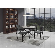 Vetrowood Nehir Gri Mermer Desen Açılır Yuvarlak Masa Takımı 103-137 cm Metal Ayak 4 Sandalyeli