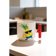 BB Design Ananas Içecek Tasarımlı Kırmızı T Kulplu Seramik Baskılı Kupa Bardak 250 ml