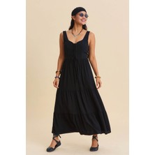 Los Banditos Geniş Yaka Ön Bağcıklı Uzun Elbise