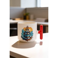 BB Design Gemi Tasarımlı Kırmızı T Kulplu Seramik Baskılı Kupa Bardak 250 ml