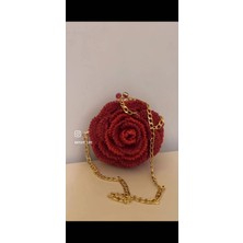 El Yapımı Gül Tasarım Kadın Çanta – Örgü Yuvarlak Omuz Çantası Gold Zincir Askılı Şık El Çantası