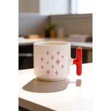 BB Design Pembe Desen Tasarımlı Kırmızı T Kulplu Seramik Baskılı Kupa Bardak 250 ml