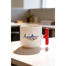 BB Design Mavi Balıktasarımlı Kırmızı T Kulplu Seramik Baskılı Kupa Bardak 250 ml