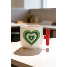 BB Design Yeşil Kalp Tasarımlı Kırmızı T Kulplu Seramik Baskılı Kupa Bardak 250 ml