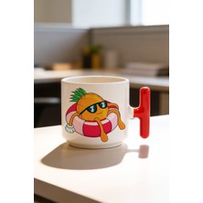 BB Design Ananas Tatilde Tasarımlı Kırmızı T Kulplu Seramik Baskılı Kupa Bardak 250 ml