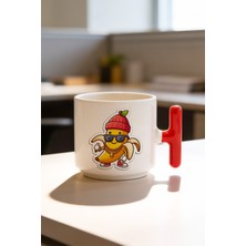 BB Design Şapkalı Muz Tasarımlı Kırmızı T Kulplu Seramik Baskılı Kupa Bardak 250 ml