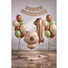 Patladı Gitti Capybara Temalı 1 Yaş Doğum Günü Balon Süsleme Seti – Karamel Doğal Ton Parti Seti
