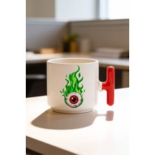 BB Design Yeşil Göz Tasarımlı Kırmızı T Kulplu Seramik Baskılı Kupa Bardak 250 ml