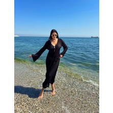 Derin Yaka Detaylı Standart Beden File Plaj Elbisesi