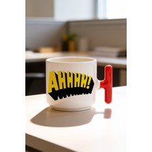 BB Design Ahhh !! Tasarımlı Kırmızı T Kulplu Seramik Baskılı Kupa Bardak 250 ml