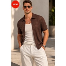 SiFu Tekstil Erkek Polo Yaka Ajurlu Triko Tişört Yazlık Örgü Düğmeli Modern Triko
