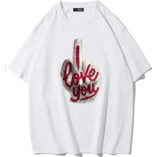 Brz Collection Unisex Oversize I Love You T-Shirt (Beyaz)