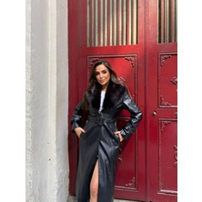 Kemerli, Kürk Detaylı Uzun Deri  Kadın Kaban