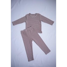 Softleaf %100 Pamuk Çizgili Çocuk Pijama Takımı – Kahve/ekru