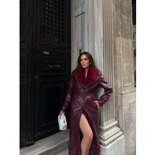 Kemerli, Kürk Detaylı Uzun Deri  Kadın Kaban