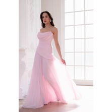 Lafaba Kadın Pudra Dar Kalıp Korseli Şifon Fular Detaylı Uzun Abiye Elbise