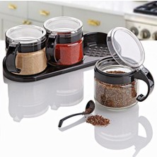 Twin Store® Siyah 3lü Standlı Kapaklı Kaşıklı Cam Hava Sızdırmaz Baharatlık Takımı KC-386